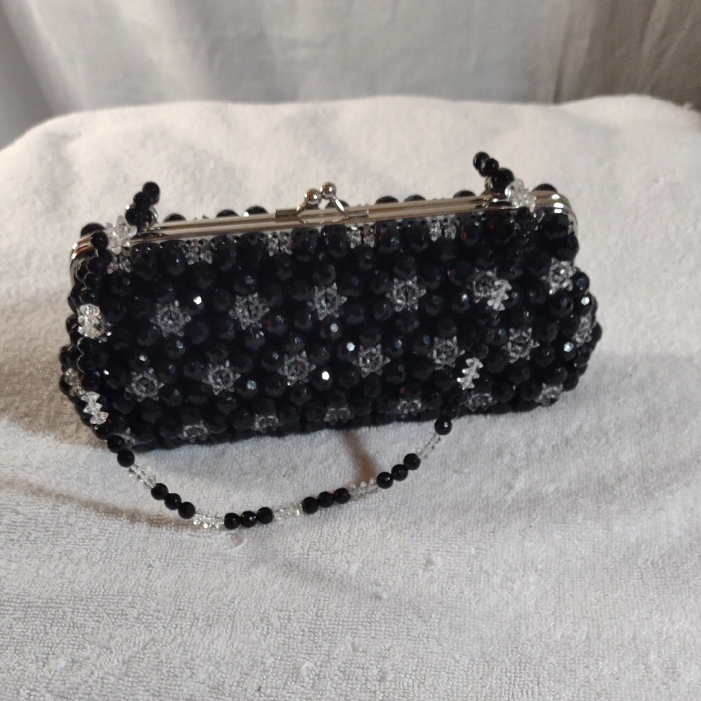 Beaded Elegant Black Floral Pattern Clutch / Beaded Strap